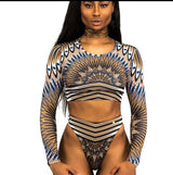 Sexy African Print Tribal Swimsuit Long Sleeve Swimwear Bathing Suit Women Swimming Suit Surfing Beachwear Thong Bikini Maillot - VACAMAMI