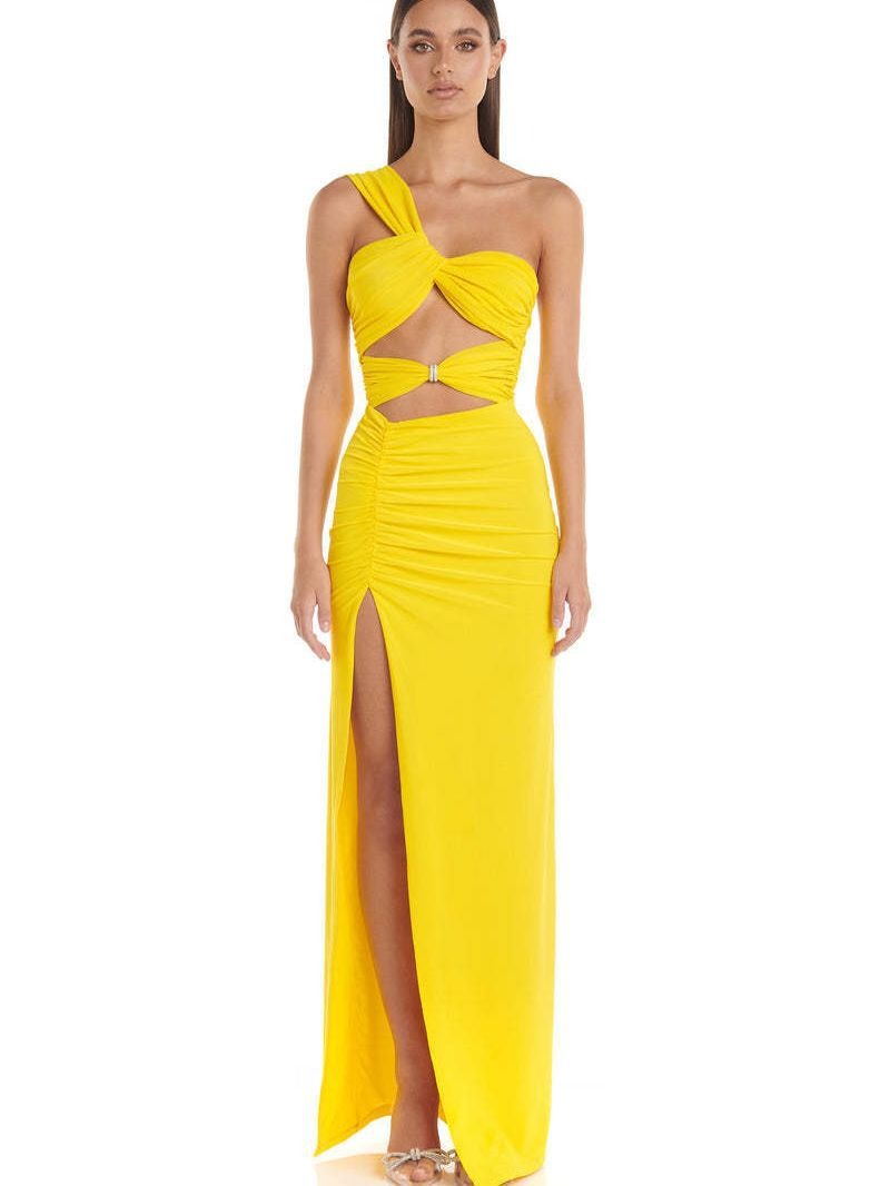 Sexy off-the-shoulder kink wrap dress Pleated high slit solid color dress skirt - VACAMAMI