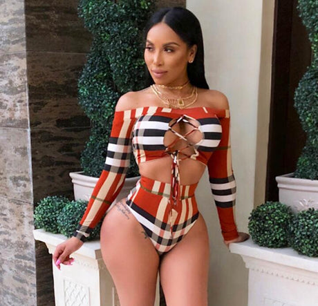 Swimsuit African Swimwear Print Bandage Women Tankini Long Sleeve Bikini Set High Waist Bathing Suit Monokini - VACAMAMI