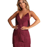 New Sexy Dress Fringed Stitching Backless Dress Skirt Deep V-Neck Dress - VACAMAMI