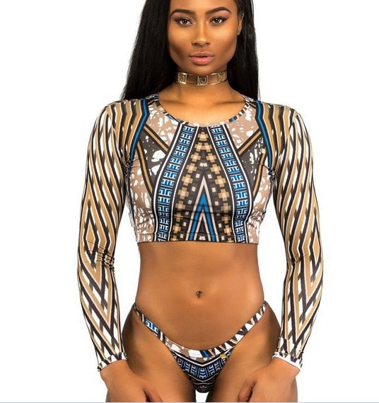 Sexy African Print Tribal Swimsuit Long Sleeve Swimwear Bathing Suit Women Swimming Suit Surfing Beachwear Thong Bikini Maillot - VACAMAMI