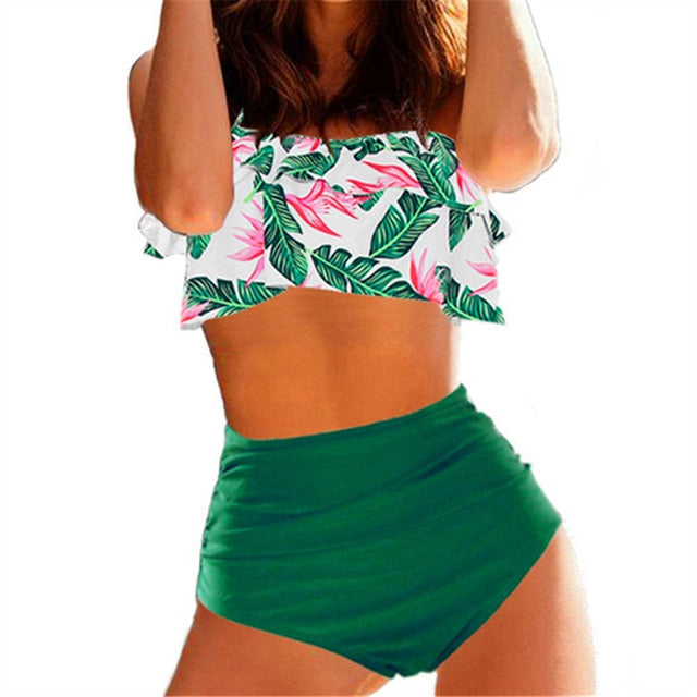 Women High Waist Bikini Swimsuits 3XL Plus Size Swim Wear Bathing Suit African Print Biquini Large Two Piece Neck Swimwear