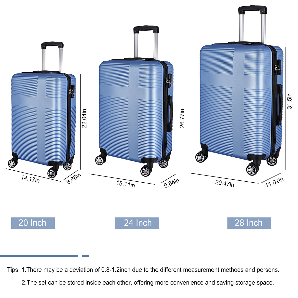 VACAMAMI 3 Piece Luggage w/ TSA Lock ABS, 20in/24in /28in Light Blue