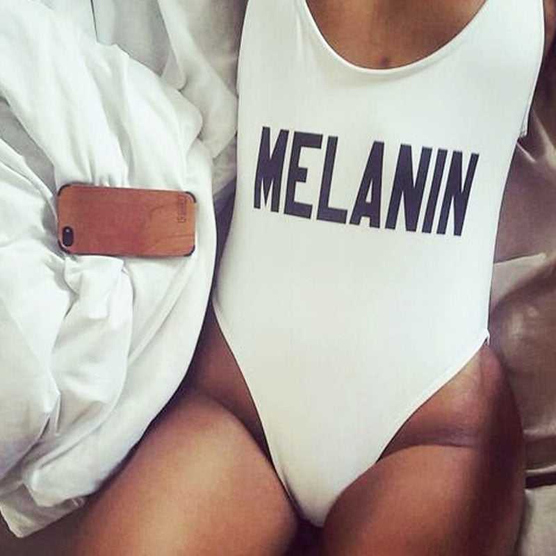 MELANIN Letter Print One Piece Swimsuit Women Swimwear Summer Bathing Suit Sexy Beachwear Monokini