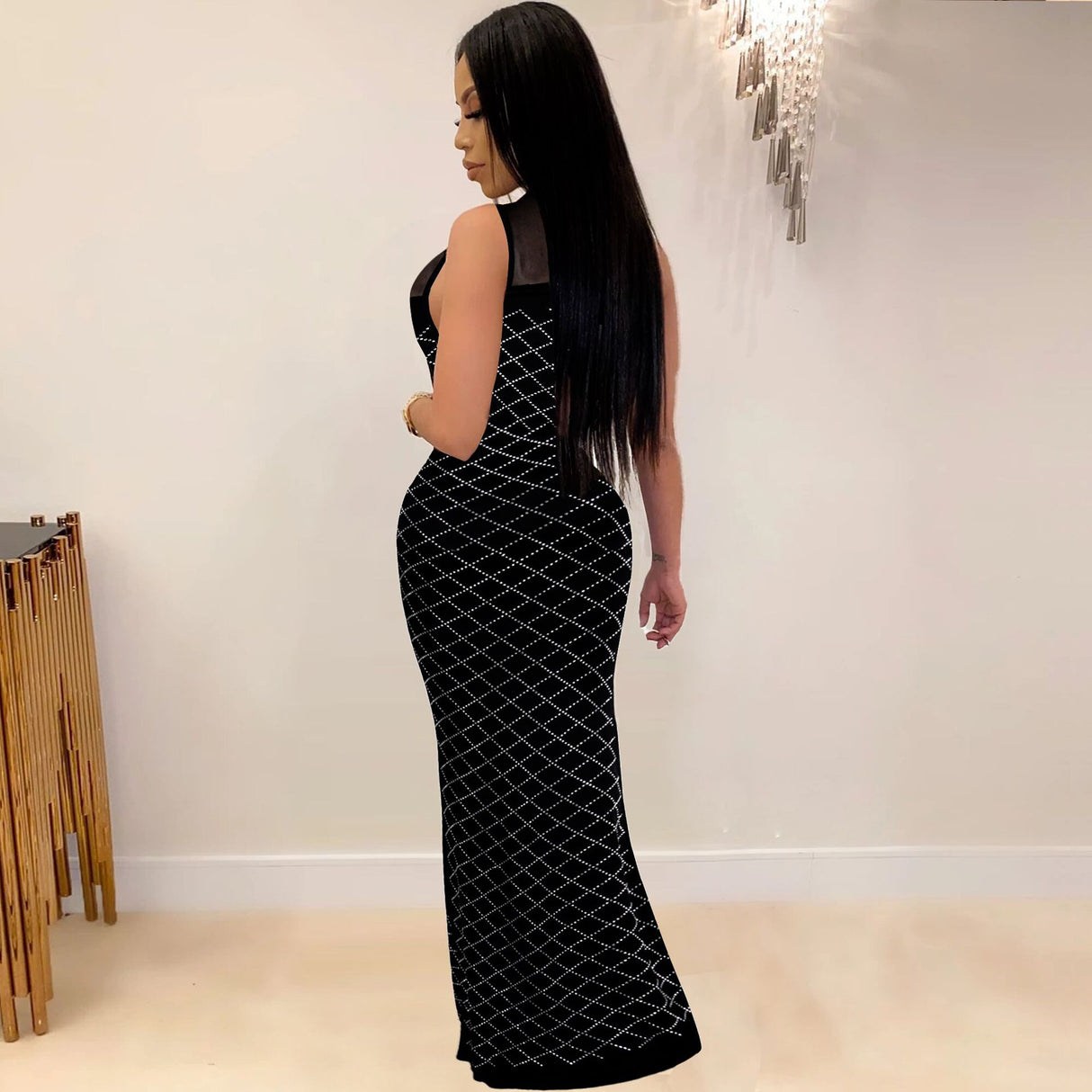 Elegant Women's Slim Dress European And American Sexy Mesh Hot Diamond Dress Nightclub Dress - VACAMAMI