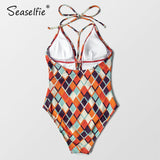 SEASELFIE Geometric Print Deep V-Neck Halter One-Piece Swimsuit Women Sexy Cut Out Monokini Beach Bathing Suit Swimwear