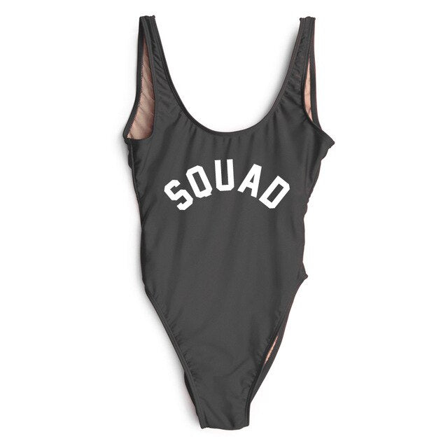 SQUAD One Piece Swimsuit Swimwear Women Summer Bathing Suit Sexy Bodysuit