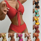 New solid color bikini bow swimsuit European and American swimsuit women's swimwear beach bikini top  bathing suit - VACAMAMI