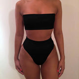 Solid Sexy High Waist Bikini Bandeau Women Swimwear Swim Suit Bathing Beach Wear