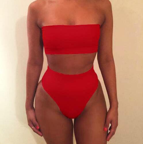 Solid Sexy High Waist Bikini Bandeau Women Swimwear Swim Suit Bathing Beach Wear