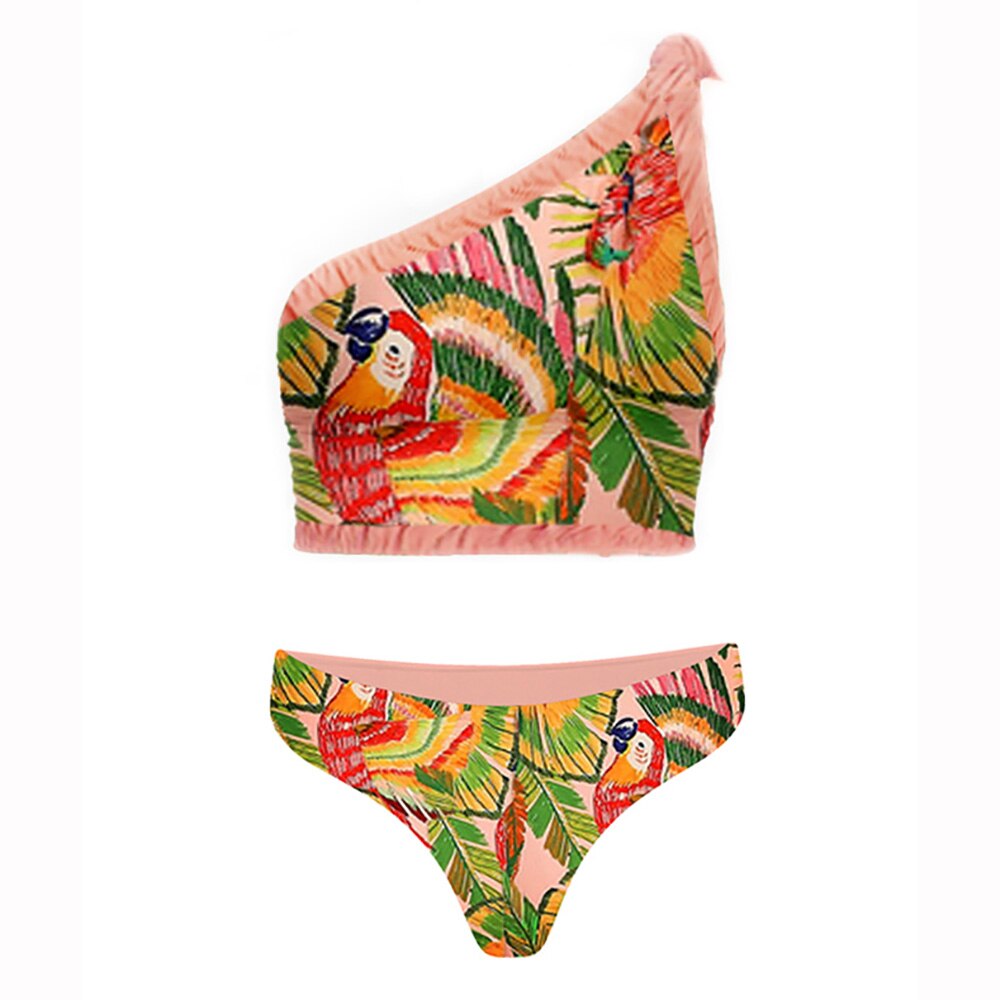 Vintage One-shoulder Swimsuits Sexy Print Two-piece Bikini and Fringe Skirt Women Swimwear Bathing Suit Summer Beach Wear Luxury