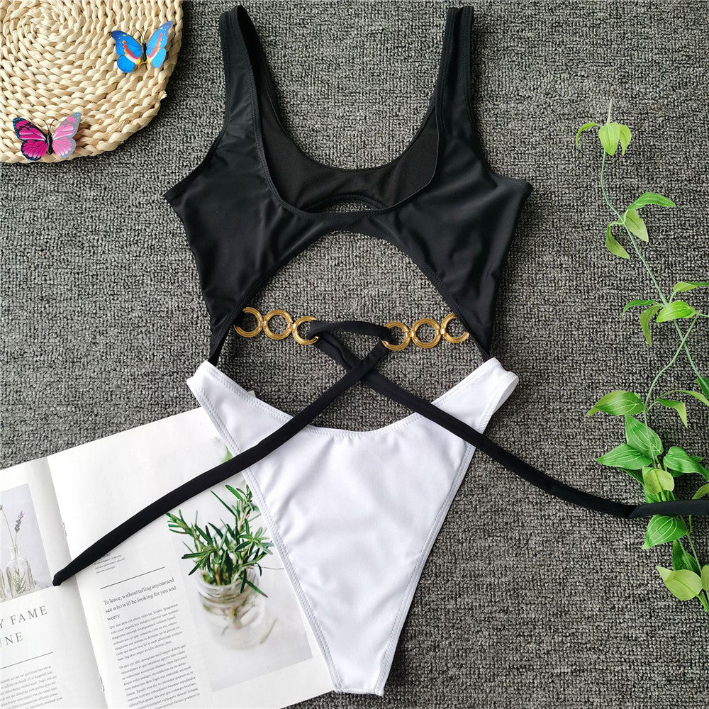 Vigorashely Sexy Tied Chain Swimwear Women Vintage One Piece Swimsuit Female Monokini Hollowed Out Bathing Suit Swim Wear