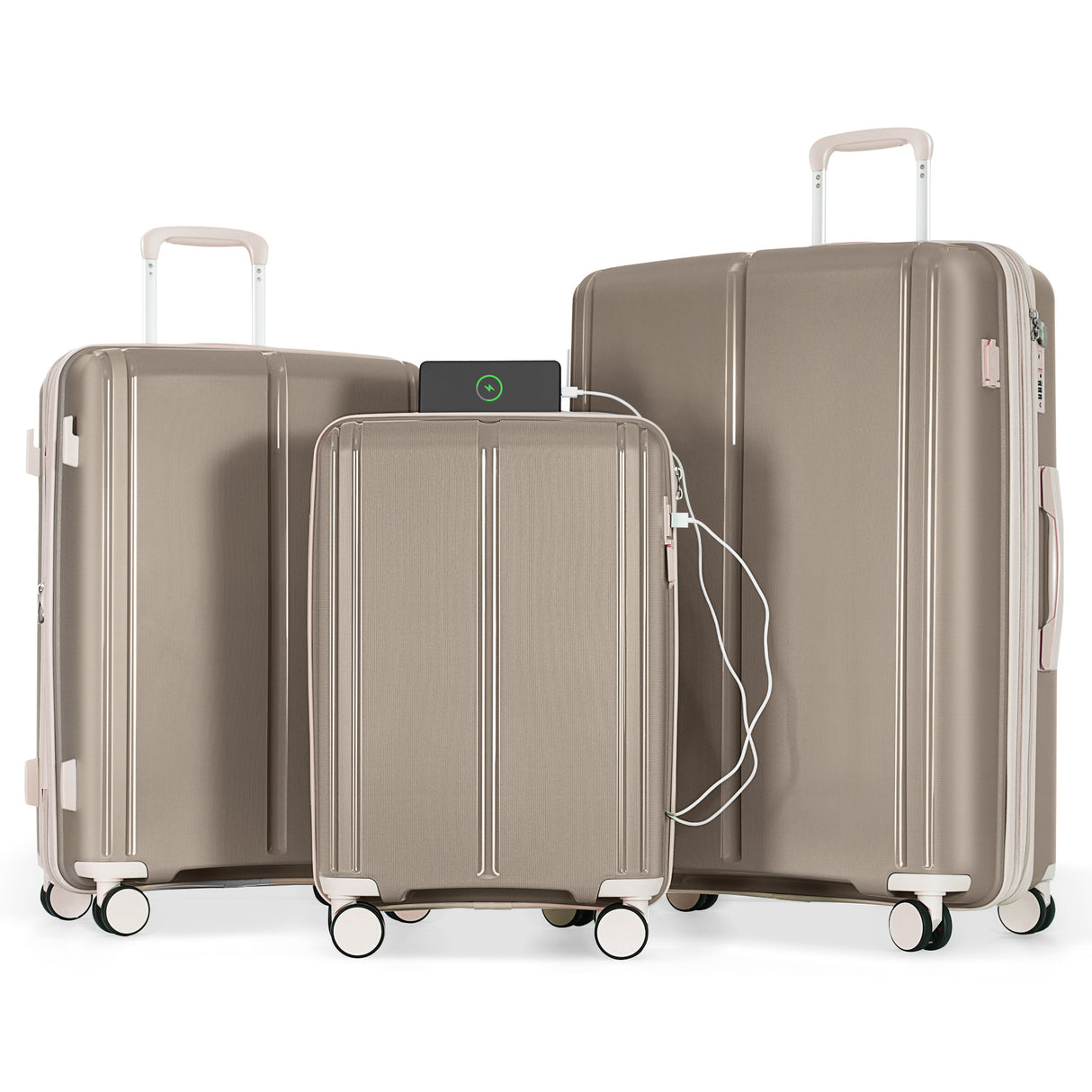 VACAMAMI 3 Piece Suitcase Set 20/24/28 with USB Port  light brown