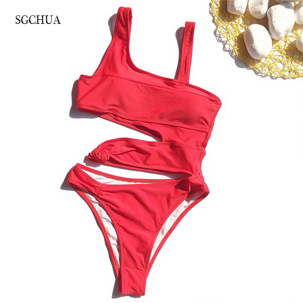 SGCHUA New Solid Bandage One Piece Swimsuit Women Cut Out Monokini White Yellow Blue Swimwear Sexy Hollow Out Bathing Suit