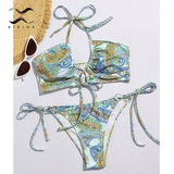 Vintage print bandeau swimsuit women's swimming suit Halter push up bikini String high cut swimwear Sexy bathing suit