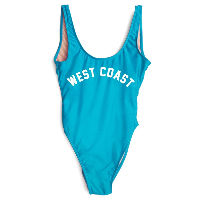 West Coast Letter Print Swimwear Women High Cut Low Back One Piece Bathing Suit Monokini Beachwear