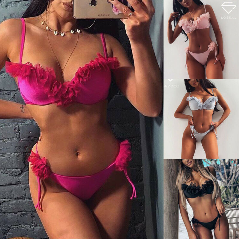 Women's Sexy Bikini Set Two-Pieces Ruffles Push Up Padded Summer Bra Thong Bandage Swimsuit Swimwear Bathing Suit Beachwear