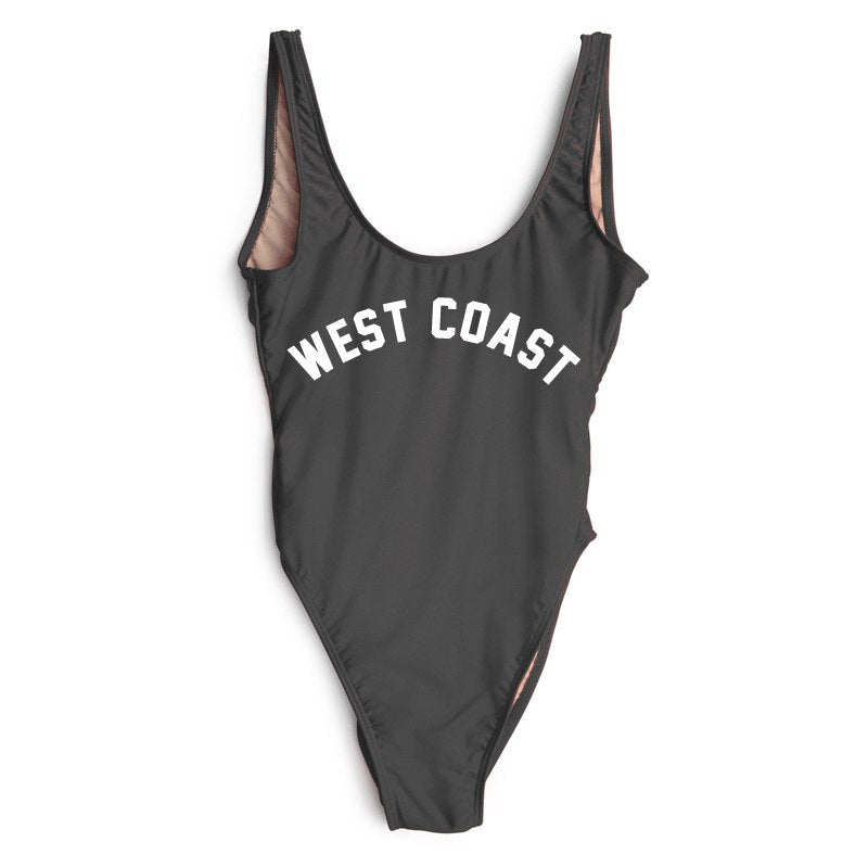 West Coast Letter Print Swimwear Women High Cut Low Back One Piece Bathing Suit Monokini Beachwear