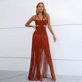 JUNE LIPS 2022 New Tassel Black Slim Mesh Strap Dress Cross Sexy Spaghetti Party Club Dress Elegant Dress Evening Dress - VACAMAMI