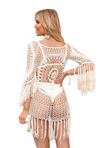 Handmade crochet off shoulder long sleeved beach cover up - VACAMAMI