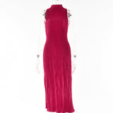 Women Pleated Dress Elegant Red Sleeveless Slim Party Dress - VACAMAMI