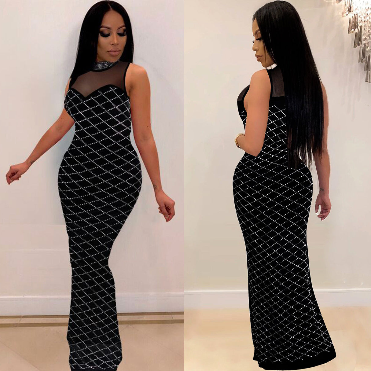 Elegant Women's Slim Dress European And American Sexy Mesh Hot Diamond Dress Nightclub Dress - VACAMAMI