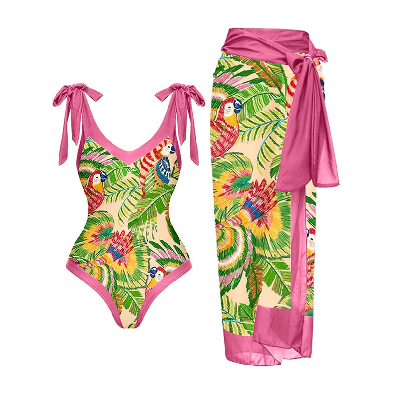 Woman Swimwear Summer Bikini Slim Beachwear Push Up Swimsuit High Waist Patchwork Retro Printed Bathing Suit Dress