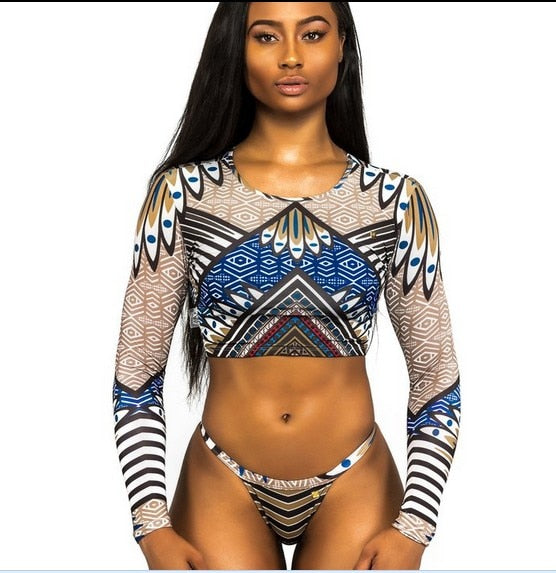 Sexy African Print Tribal Swimsuit Long Sleeve Swimwear Bathing Suit Women Swimming Suit Surfing Beachwear Thong Bikini Maillot - VACAMAMI