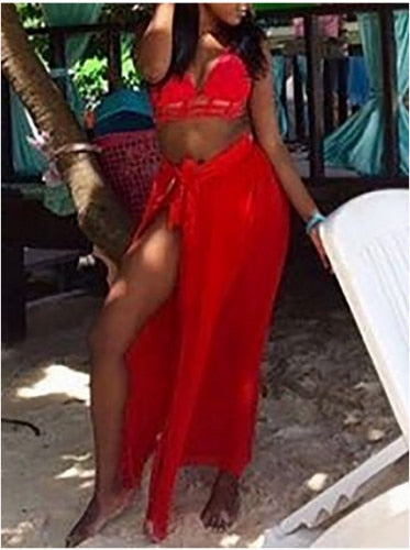 Red Black Women Swimwear Bikini Beach Skirts Cover Up Split Swimsuit Wrap Skirt High Waist Bathing Suit