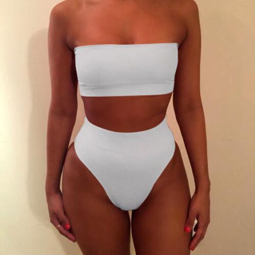 Solid Sexy High Waist Bikini Bandeau Women Swimwear Swim Suit Bathing Beach Wear