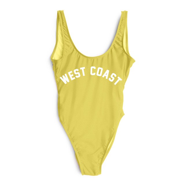 West Coast Letter Print Swimwear Women High Cut Low Back One Piece Bathing Suit Monokini Beachwear