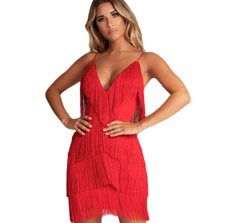 New Sexy Dress Fringed Stitching Backless Dress Skirt Deep V-Neck Dress - VACAMAMI