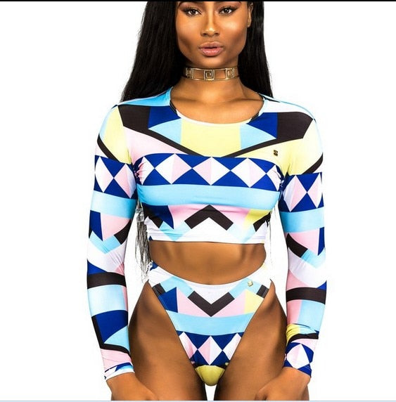 Sexy African Print Tribal Swimsuit Long Sleeve Swimwear Bathing Suit Women Swimming Suit Surfing Beachwear Thong Bikini Maillot - VACAMAMI