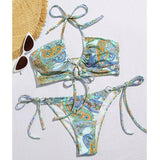 Vintage print bandeau swimsuit women's swimming suit Halter push up bikini String high cut swimwear Sexy bathing suit