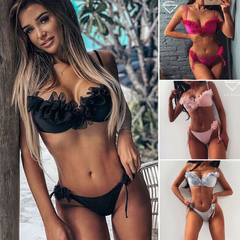 Women's Sexy Bikini Set Two-Pieces Ruffles Push Up Padded Summer Bra Thong Bandage Swimsuit Swimwear Bathing Suit Beachwear