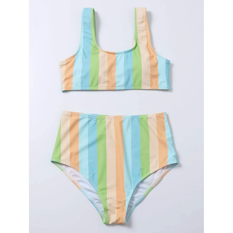 High Waist BOHO Striped Swim