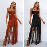 JUNE LIPS 2022 New Tassel Black Slim Mesh Strap Dress Cross Sexy Spaghetti Party Club Dress Elegant Dress Evening Dress - VACAMAMI