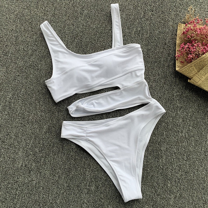 SGCHUA New Solid Bandage One Piece Swimsuit Women Cut Out Monokini White Yellow Blue Swimwear Sexy Hollow Out Bathing Suit