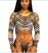 Sexy African Print Tribal Swimsuit Long Sleeve Swimwear Bathing Suit Women Swimming Suit Surfing Beachwear Thong Bikini Maillot - VACAMAMI