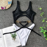 Vigorashely Sexy Tied Chain Swimwear Women Vintage One Piece Swimsuit Female Monokini Hollowed Out Bathing Suit Swim Wear