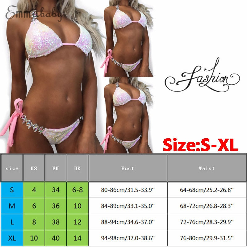 Women Sexy Crystal Diamond Bikini Set Swimwear Swimsuit Bathing Suit Beachwear