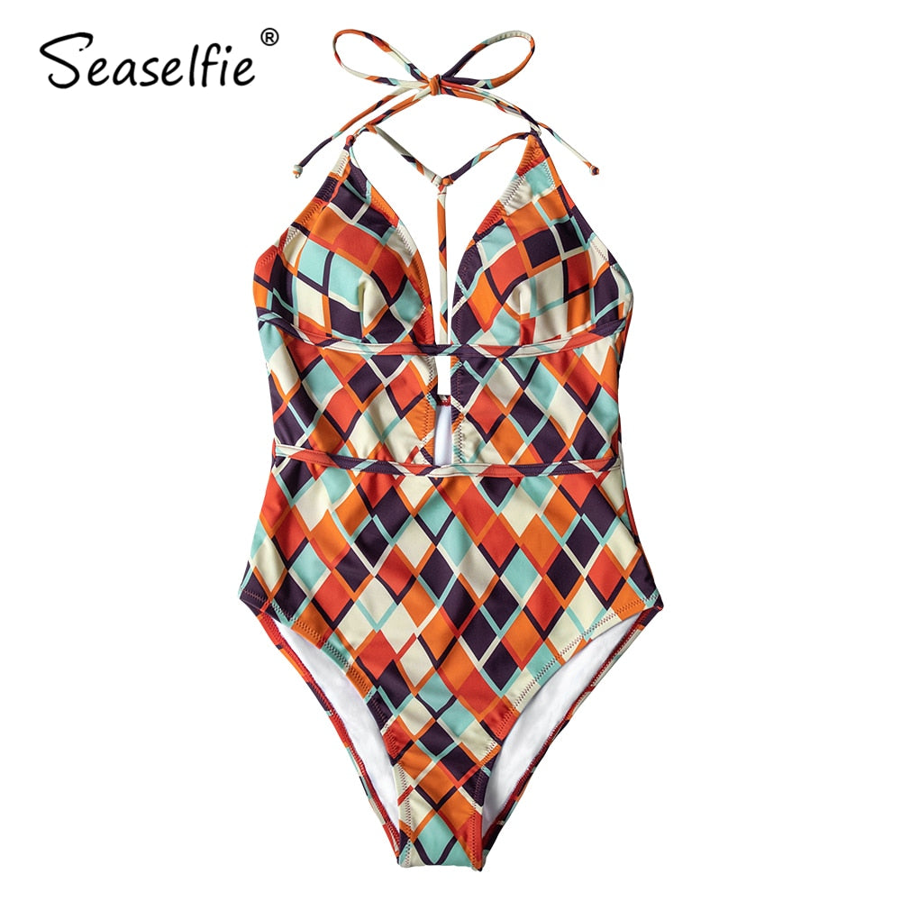 SEASELFIE Geometric Print Deep V-Neck Halter One-Piece Swimsuit Women Sexy Cut Out Monokini Beach Bathing Suit Swimwear