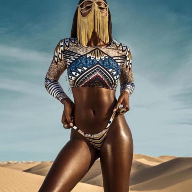 Sexy African Print Tribal Swimsuit Long Sleeve Swimwear Bathing Suit Women Swimming Suit Surfing Beachwear Thong Bikini Maillot - VACAMAMI