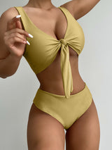 New solid color bikini bow swimsuit European and American swimsuit women's swimwear beach bikini top  bathing suit - VACAMAMI