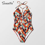 SEASELFIE Geometric Print Deep V-Neck Halter One-Piece Swimsuit Women Sexy Cut Out Monokini Beach Bathing Suit Swimwear