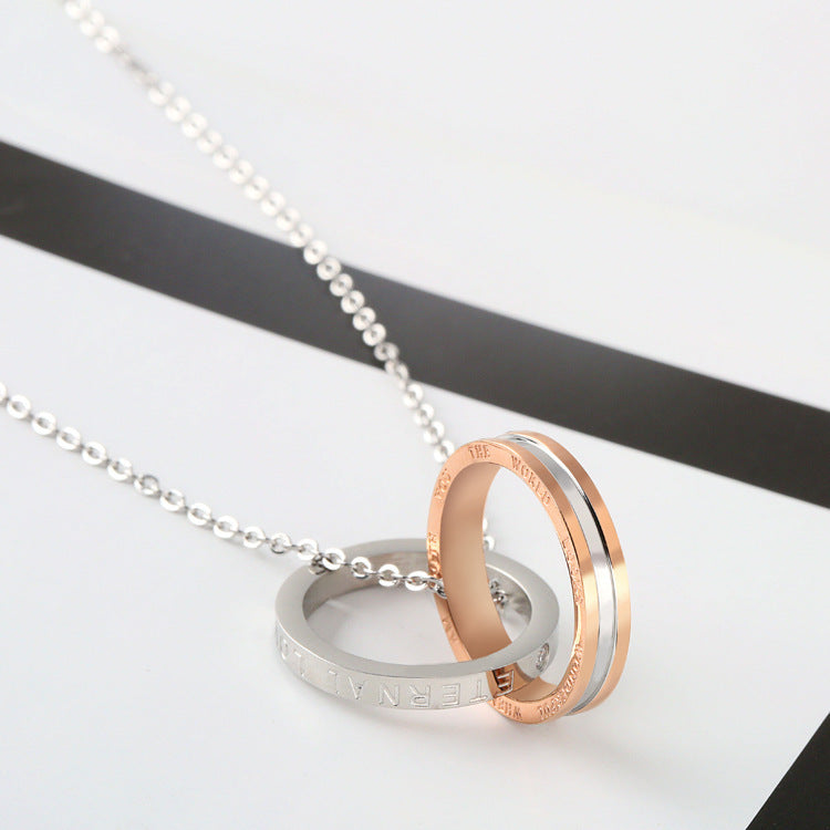 VACAMAMI LOVE Letter Double Ring Pendant Titanium Steel Necklace