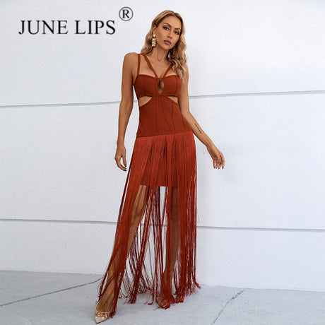 JUNE LIPS 2022 New Tassel Black Slim Mesh Strap Dress Cross Sexy Spaghetti Party Club Dress Elegant Dress Evening Dress - VACAMAMI