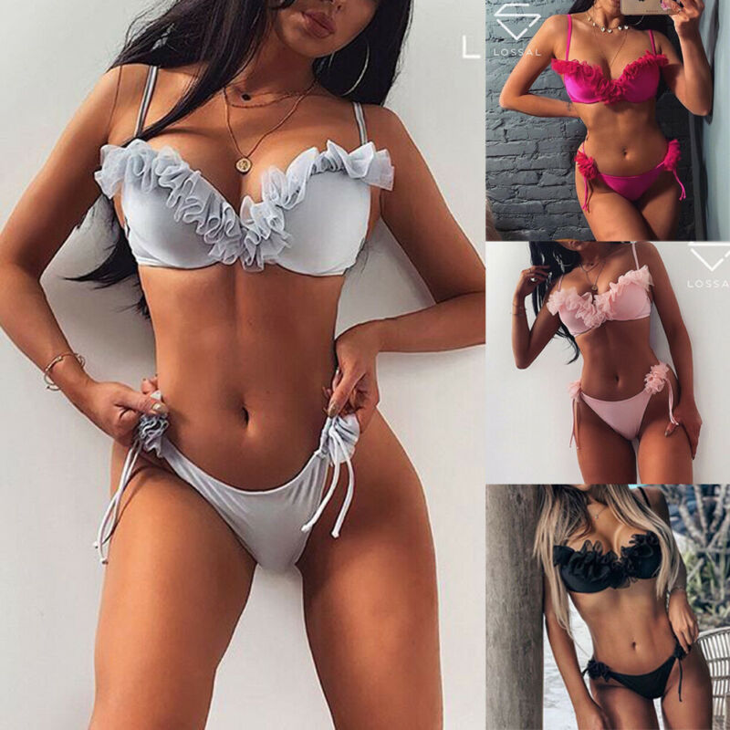 Women's Sexy Bikini Set Two-Pieces Ruffles Push Up Padded Summer Bra Thong Bandage Swimsuit Swimwear Bathing Suit Beachwear