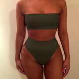 Solid Sexy High Waist Bikini Bandeau Women Swimwear Swim Suit Bathing Beach Wear