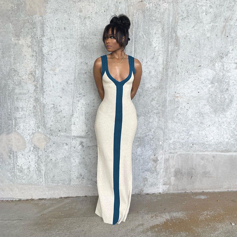 Color Blocking Bodycon Maxi Beach Dress - VACAMAMI